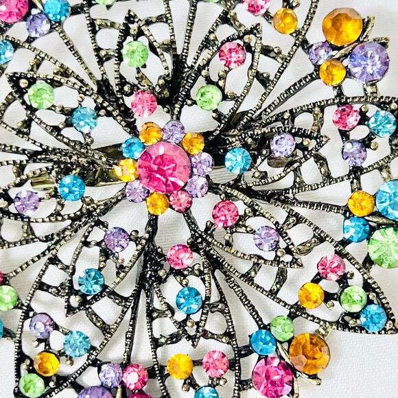 Round Flower Floral Bouquet Sash Brooch Pin Multicolor Rhinestones Bronze Toned - Picture 6 of 8